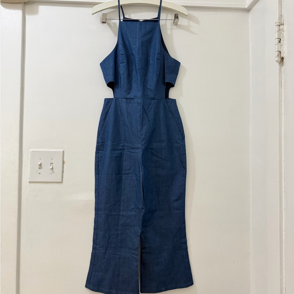 BCBGeneration Dark Blue Denim Halter Jumpsuit with Side Cutouts